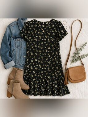 🖤 Ninexis Black Ditsy Floral Ruffle Hem Dress | Size Small | NWT